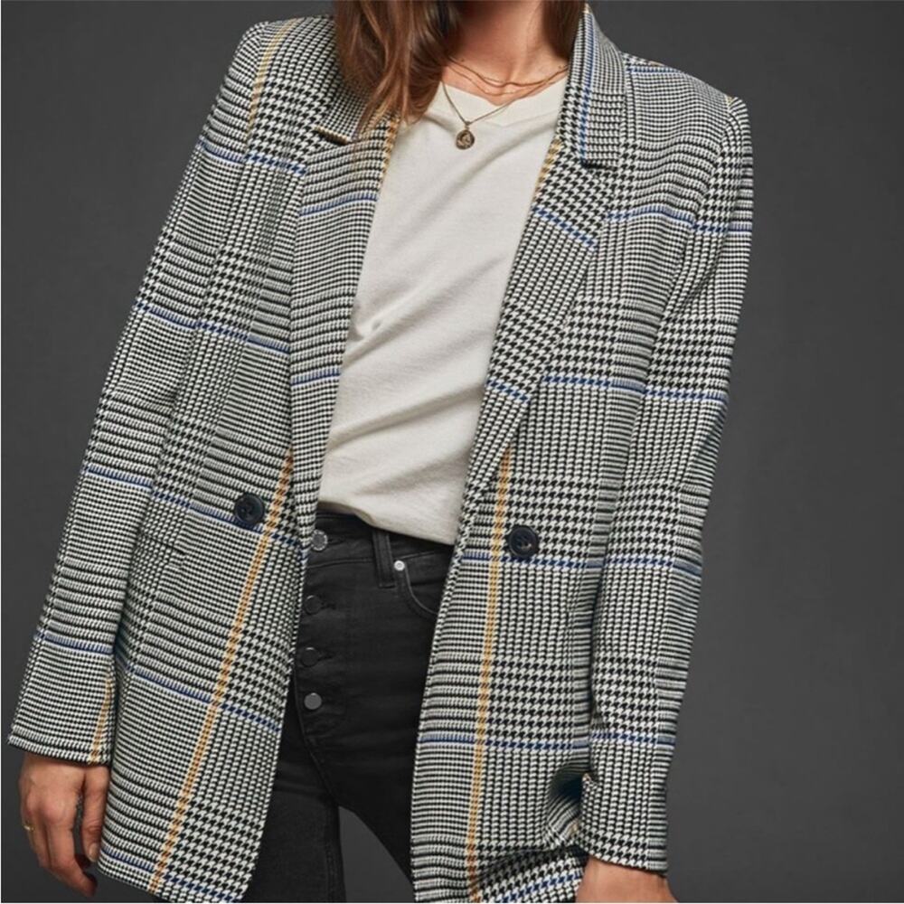 ANINE BING Madeleine Houndstooth Plaid Blazer Black Yellow & Blue M - Picture 5 of 10